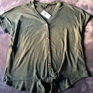 Torrid Olive Waffle Knit-Tie Front Tee